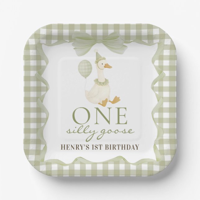  One Silly Goose Green 1st Birthday Paper Plate (Front)