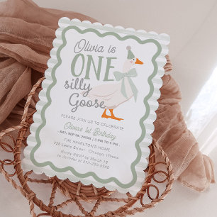 One Silly Goose Green Bow 1st Birthday Invitation