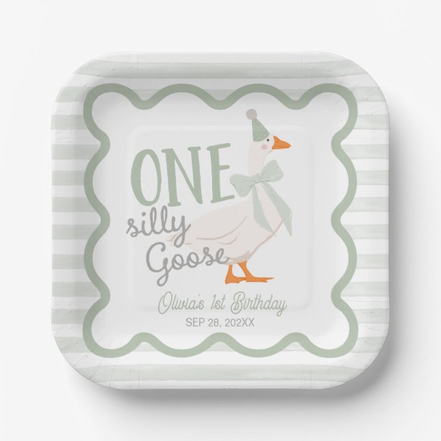 One Silly Goose Green Bow 1st Birthday Paper Plate (Front)