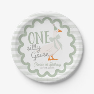 One Silly Goose Green Bow 1st Birthday Paper Plate
