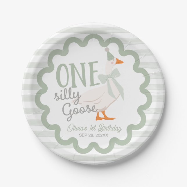 One Silly Goose Green Bow 1st Birthday Paper Plate (Front)
