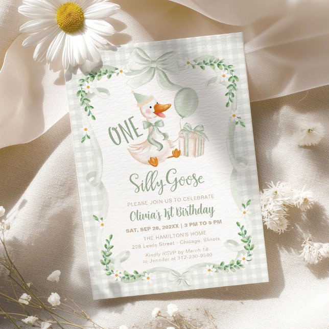 One Silly Goose Green Bow Floral 1st Birthday Invitation (Creator Uploaded)