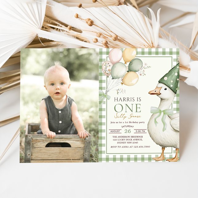 One Silly Goose Green Gingham 1st Birthday Invitation (Creator Uploaded)
