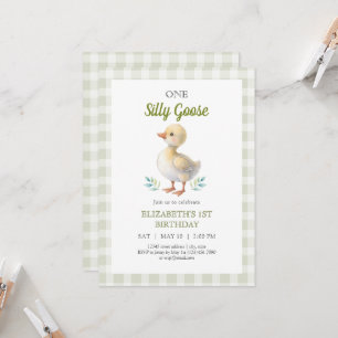 One Silly Goose Green Gingham Baby First Birthday Invitation