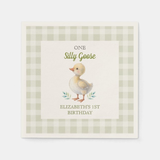 One Silly Goose Green Gingham Baby First Birthday Napkin (Front)
