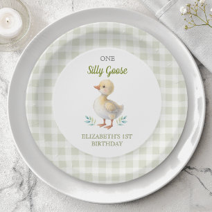 One Silly Goose Green Gingham Baby First Birthday Paper Plate