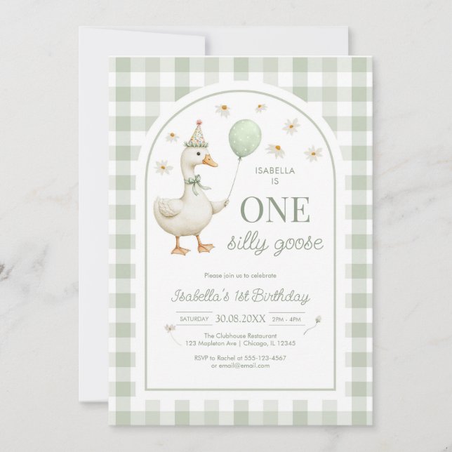 One Silly Goose Green Girl 1st Birthday Invitation (Front)