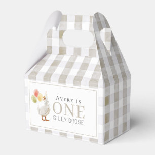 One Silly Goose Greige Gingham 1st Birthday Favor Box