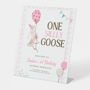 One Silly Goose Invitation, 1st Birthday Girl Pink Pedestal Sign
