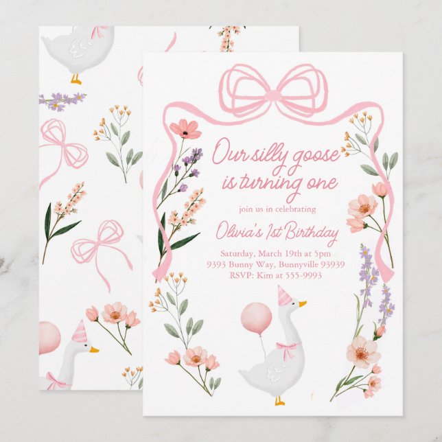 One Silly Goose invitation Wildflowers pink bow (Front/Back)