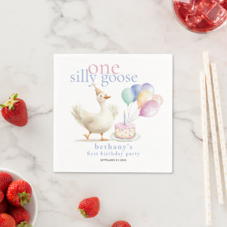One Silly Goose Name Date 1st Birthday  Napkin