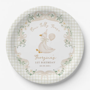 One Silly Goose Neutral Bow Gingham 1st Birthday Paper Plate