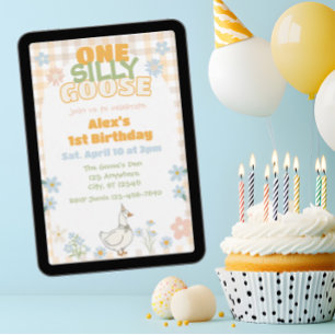 One Silly Goose Neutral Pastel Plaid 1st Birthday Invitation