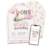 One Silly Goose Personalized 1st Birthday Arch Invitation<br><div class="desc">Celebrate your little one’s big milestone with our One Silly Goose Personalized Pink 1st Birthday Arch Invitation! Featuring a whimsical goose illustration, playful pink tones, and a trendy arch-shaped design, this charming invite sets the tone for a lighthearted and joy-filled first birthday party. The modern layout blends sweetness with a...</div>
