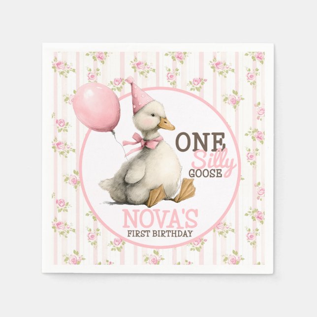 One Silly Goose Personalized Pink 1st Birthday Napkin (Front)