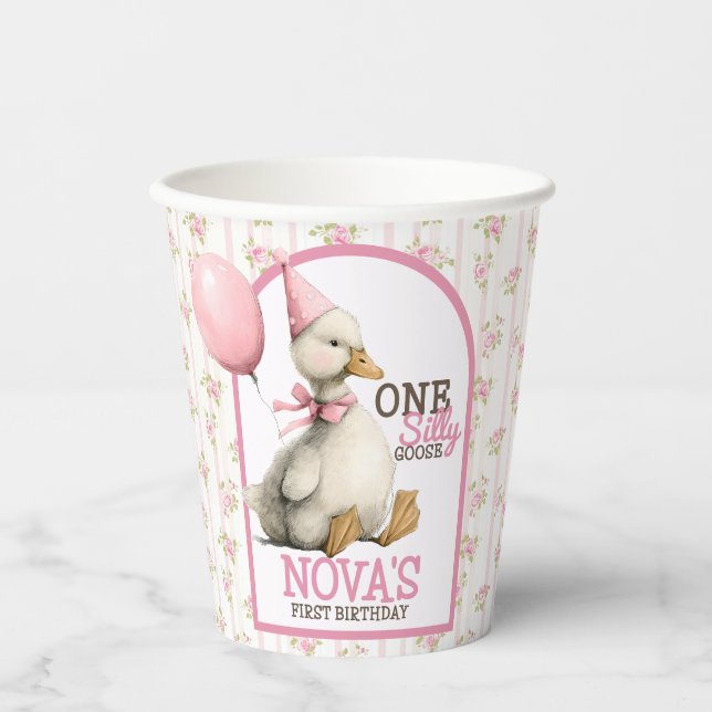 One Silly Goose Personalized Pink 1st Birthday Paper Cups (Front)