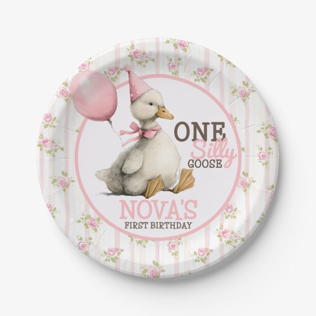 One Silly Goose Personalized Pink 1st Birthday Paper Plate (Front)