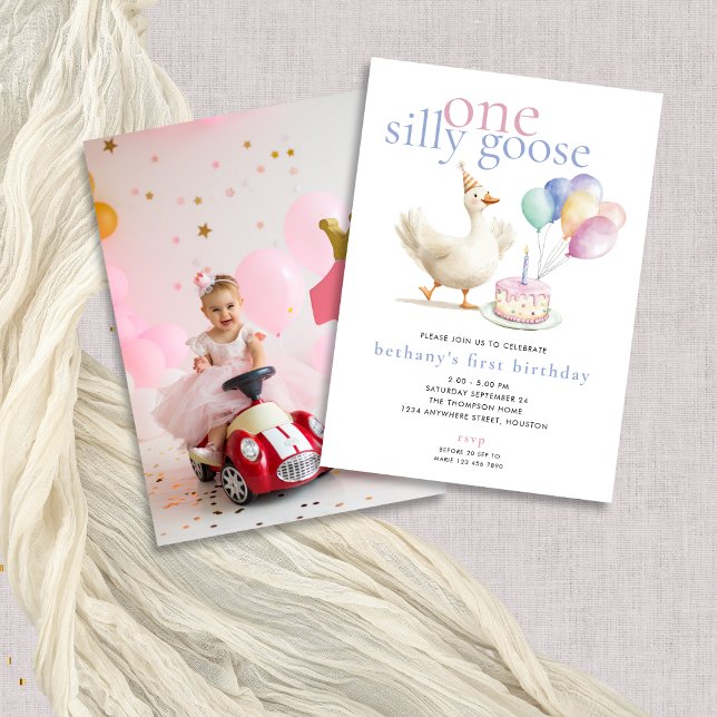 One Silly Goose Photo Balloons 1st Birthday  Invitation (Front and back view - add your photo)