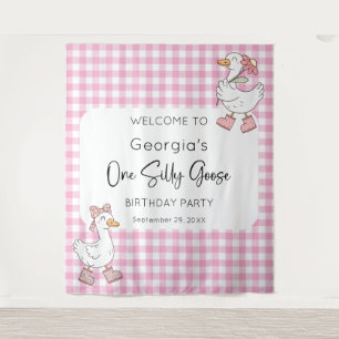 One Silly Goose Pink 1st Birthday Welcome Backdrop Tapestry