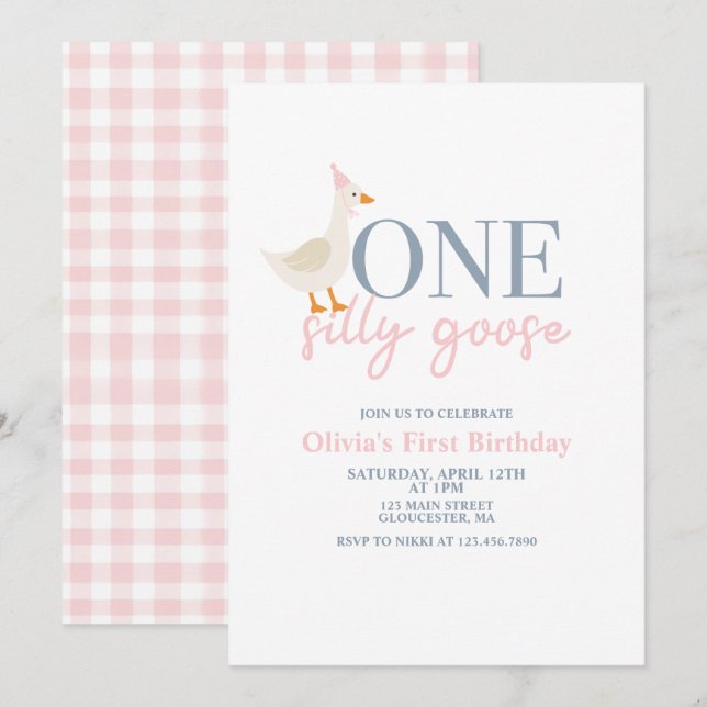 One Silly Goose pink and blue Invitation (Front/Back)