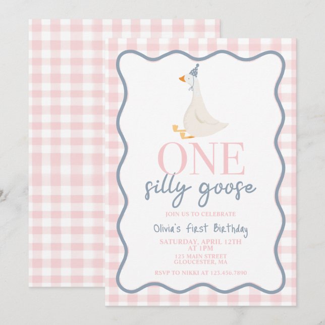 One Silly Goose pink and blue Invitation (Front/Back)