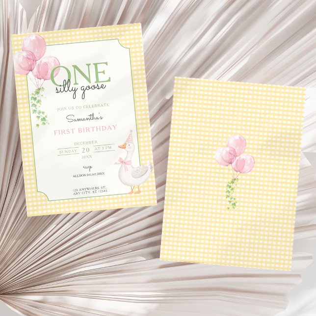 One Silly Goose Pink and Gingham 1st Birthday Invitation (One Silly Goose Invitation)
