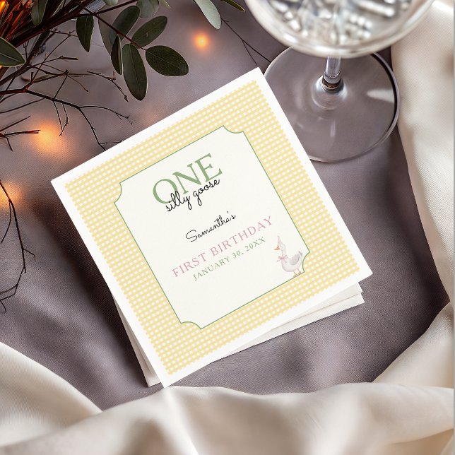 One Silly Goose Pink and Gingham 1st Birthday Napkin (Silly Goose Birthday Party Napkin)