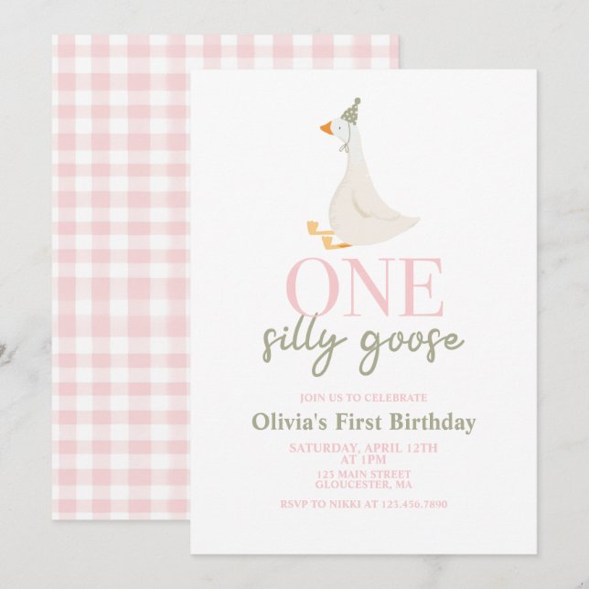 One Silly Goose pink and green Invitation (Front/Back)