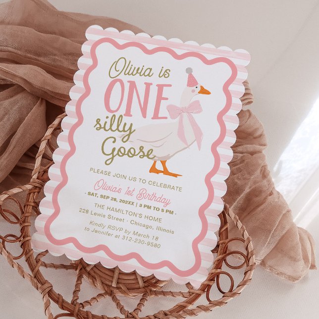 One Silly Goose Pink Bow 1st Birthday Invitation (Creator Uploaded)