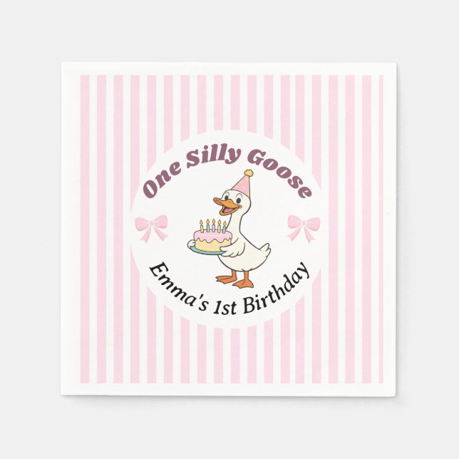 One Silly Goose Pink Bow 1st Birthday  Napkin (Front)