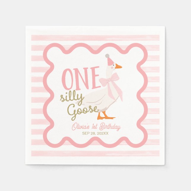 One Silly Goose Pink Bow 1st Birthday Napkin (Front)