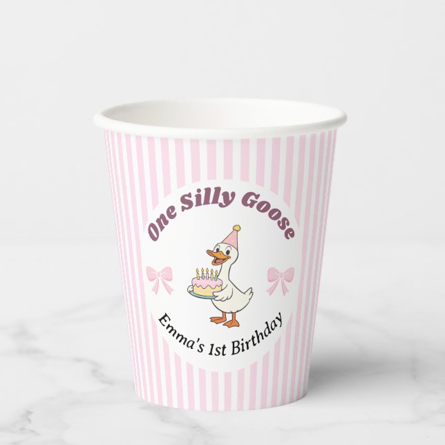 One Silly Goose Pink Bow 1st Birthday Paper Cups (Front)