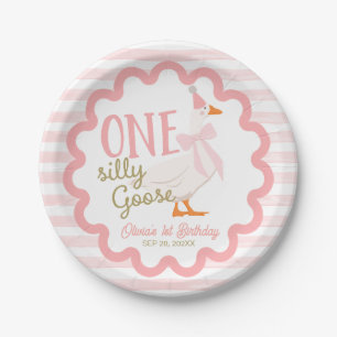 One Silly Goose Pink Bow 1st Birthday Paper Plate