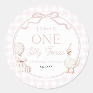 ONE Silly Goose Pink Bow 1st Birthday Party Classic Round Sticker