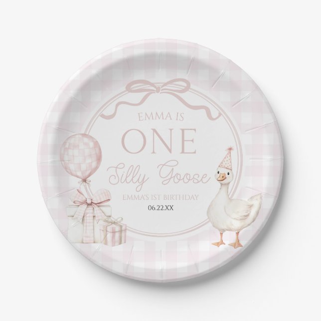 ONE Silly Goose Pink Bow 1st Birthday Party Paper Plate (Front)