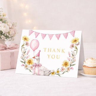 One Silly Goose Pink Bow 1st Birthday Thank You Ca Card