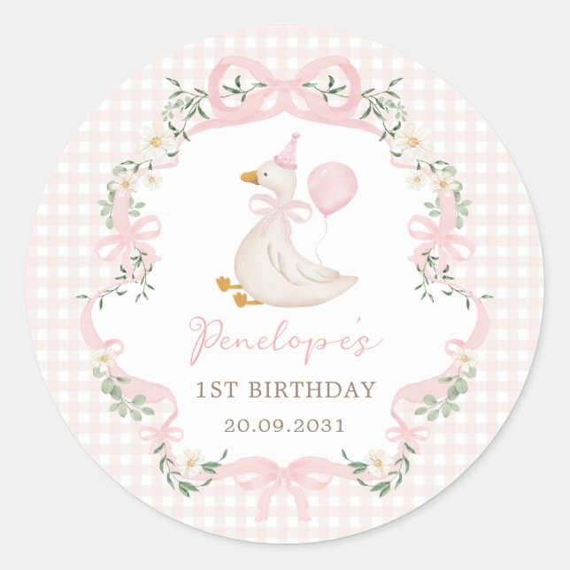 One Silly Goose Pink Bow Balloon Girl Birthday Classic Round Sticker (Front)