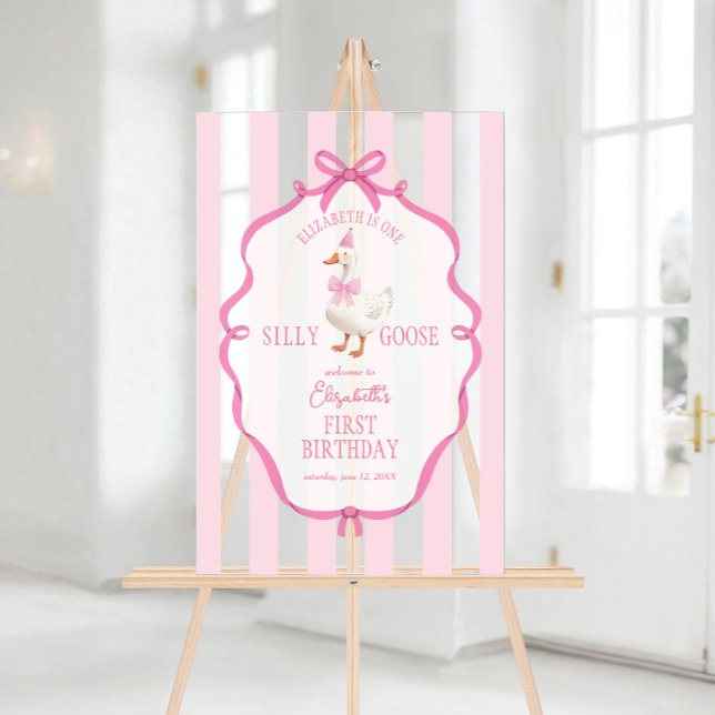 One Silly Goose Pink Bow First Birthday Welcome Acrylic Sign (One Silly Goose Pink Bow First Birthday Welcome Acrylic Sign)
