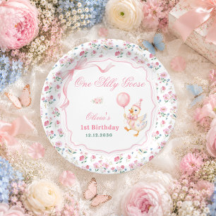 One Silly Goose Pink Bow Floral 1st Birthday Paper Plate