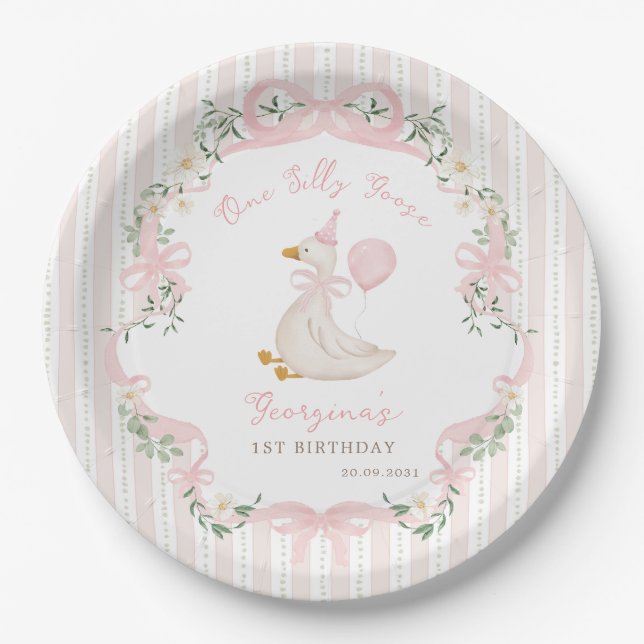 One Silly Goose Pink Bow Floral 1st Birthday Paper Plate (Front)