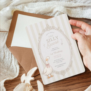One silly goose pink bow girl 1st birthday invitation