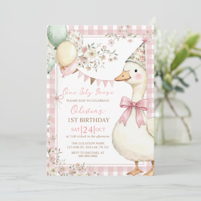 One Silly Goose Pink Bow Girl 1st Birthday Invitation (Standing Front)