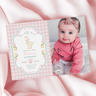 One Silly Goose Pink Bow Girl 1st Birthday Photo Invitation