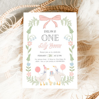 One Silly Goose Pink Floral 1st Birthday Invitation