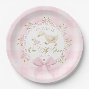 One Silly Goose Pink Gingham 1st Birthday Bow Paper Plate