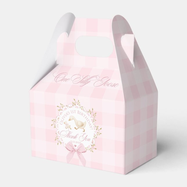 One Silly Goose Pink Gingham 1st Birthday Favor Box (Front Side)