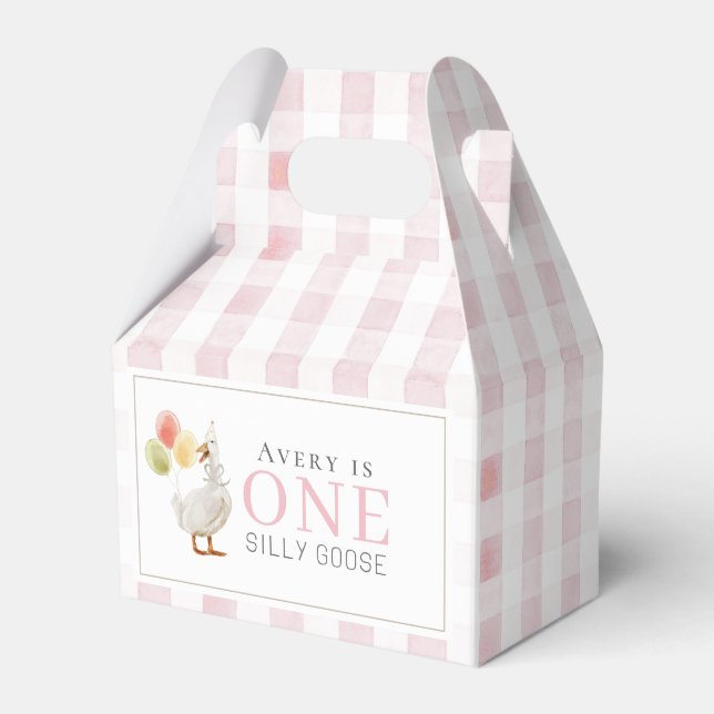 One Silly Goose Pink Gingham 1st Birthday Favor Box (Front Side)