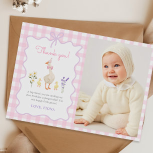 One Silly Goose Pink Gingham 1st Birthday Photo Thank You Card