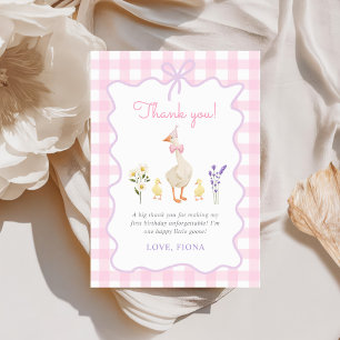 One Silly Goose Pink Gingham 1st Birthday Thank You Card