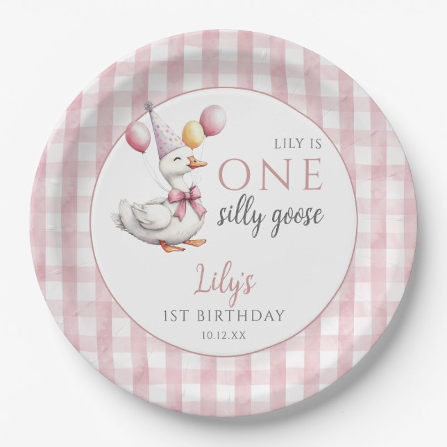 One Silly Goose Pink Gingham Balloons Birthday Paper Plate (Front)